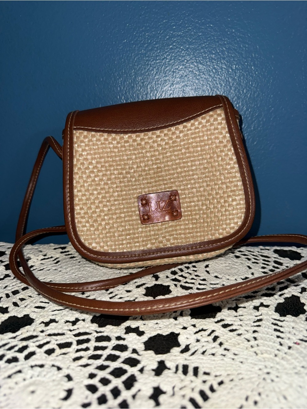 Liz Claiborne Brown and Natural Woven Crossbody Bag